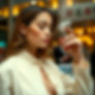 Fashionable individual applying portable perfume spray