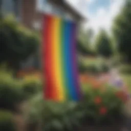 Vibrant rainbow garden flag fluttering in the breeze