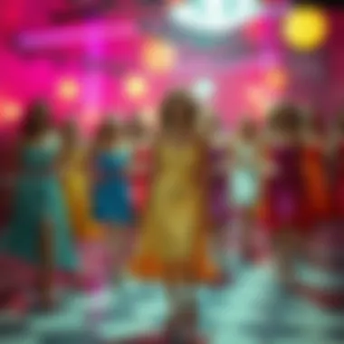 A retro disco scene with dancers in colorful dresses