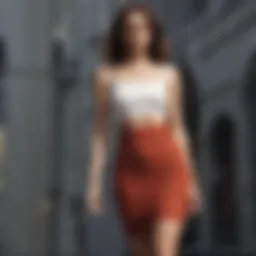 Elegant two piece ribbed skirt set in a stylish urban setting