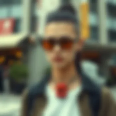 A fashionable individual wearing an emergency whistle necklace in an urban environment