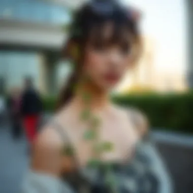 Fashion ensemble featuring artificial ivy strands as a unique accessory