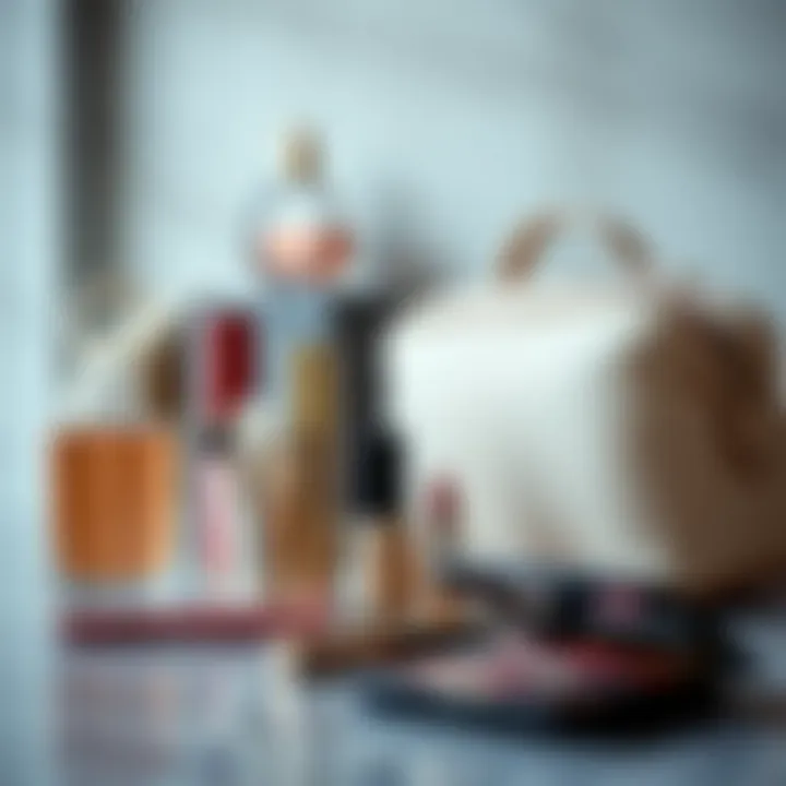 An elegant scene featuring a chic makeup bag placed next to beauty products, emphasizing its role as a fashionable accessory