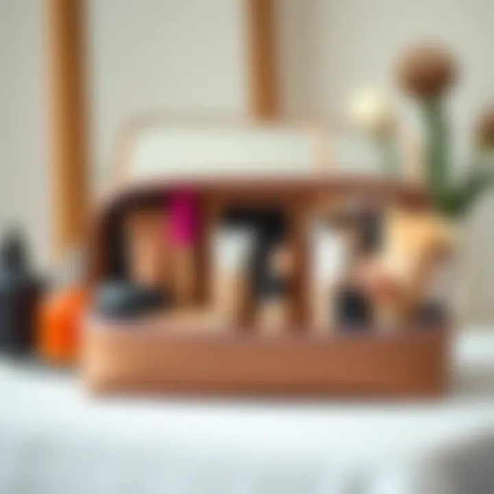 A stylishly organized makeup bag opened to reveal a well-arranged array of cosmetics, illustrating practicality and elegance