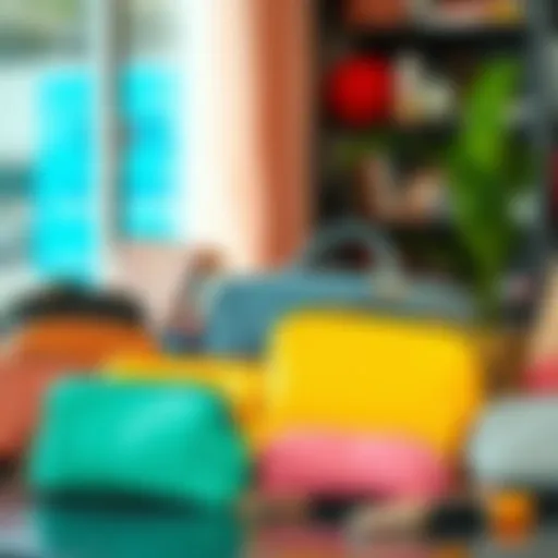 A vibrant collection of stylish makeup bags arranged on a table, showcasing various colors and textures