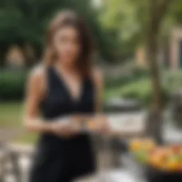 Chic black romper styled for an outdoor brunch setting
