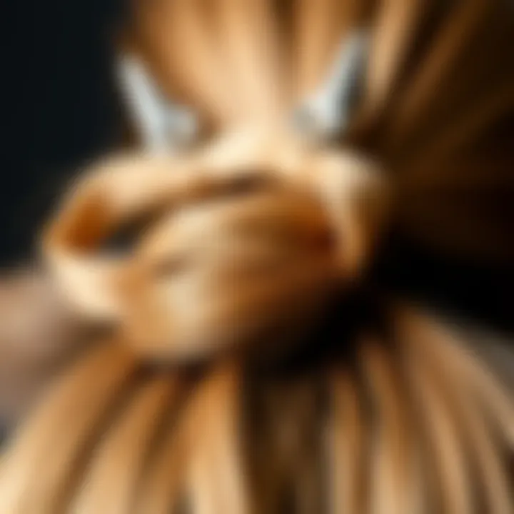 Close-up of a stylish ponytail clip highlighting unique textural elements.