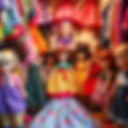 Colorful array of doll clothes neatly arranged in a wardrobe