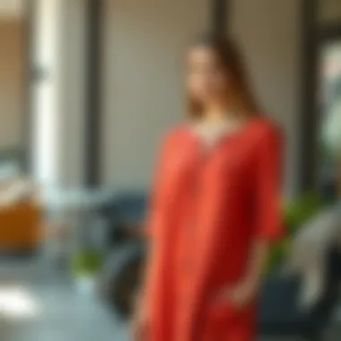 A petite model showcasing a stylish tunic dress in a casual setting