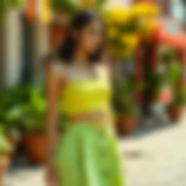 Vibrant Outdoor Styling Fashionable styling of a high-waisted skirt set in a vibrant outdoor setting