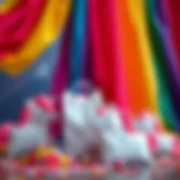 A vibrant collection of unicorn-themed goodie bags set against a colorful backdrop.