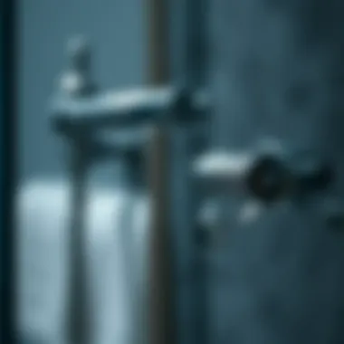 Close-up of a modern razor holder attached to a shower mirror