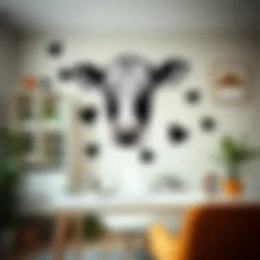 Close-up of cow print stickers used in a trendy home office