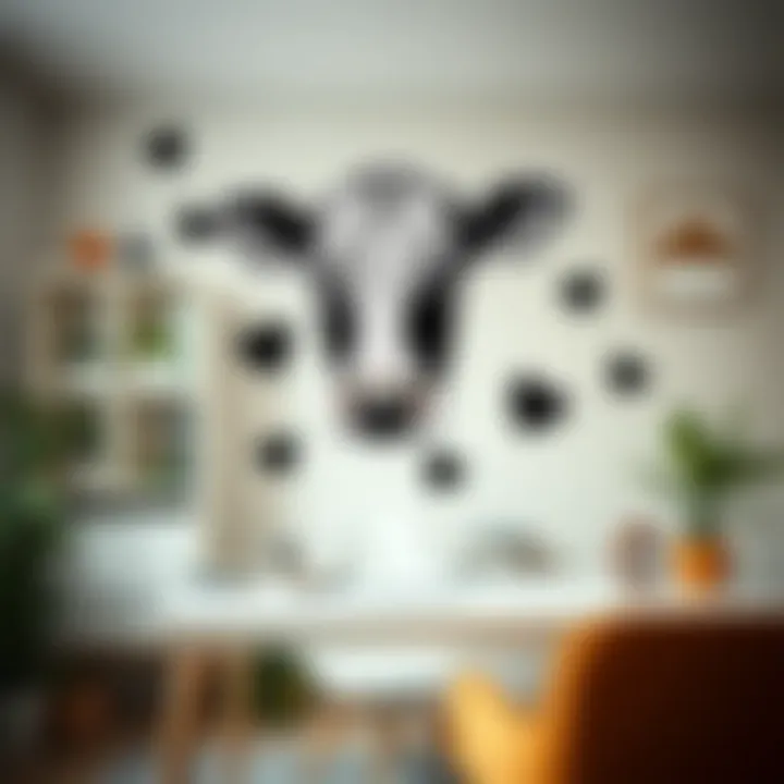 Close-up of cow print stickers used in a trendy home office