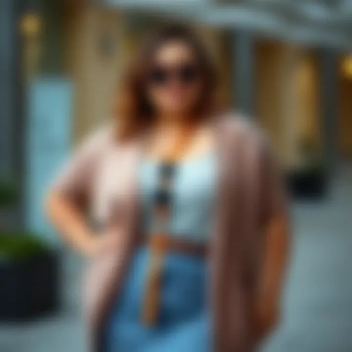 Stylish plus-size individual showcasing a short sleeve cardigan with accessories