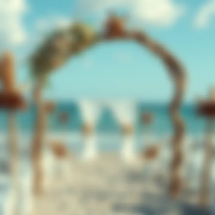 Beach-themed wedding arch with seashells and driftwood