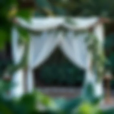 Rustic wedding arch decorated with drapes and greenery