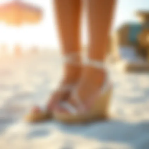 Elegant white strappy wedge sandals on a sunlit beach