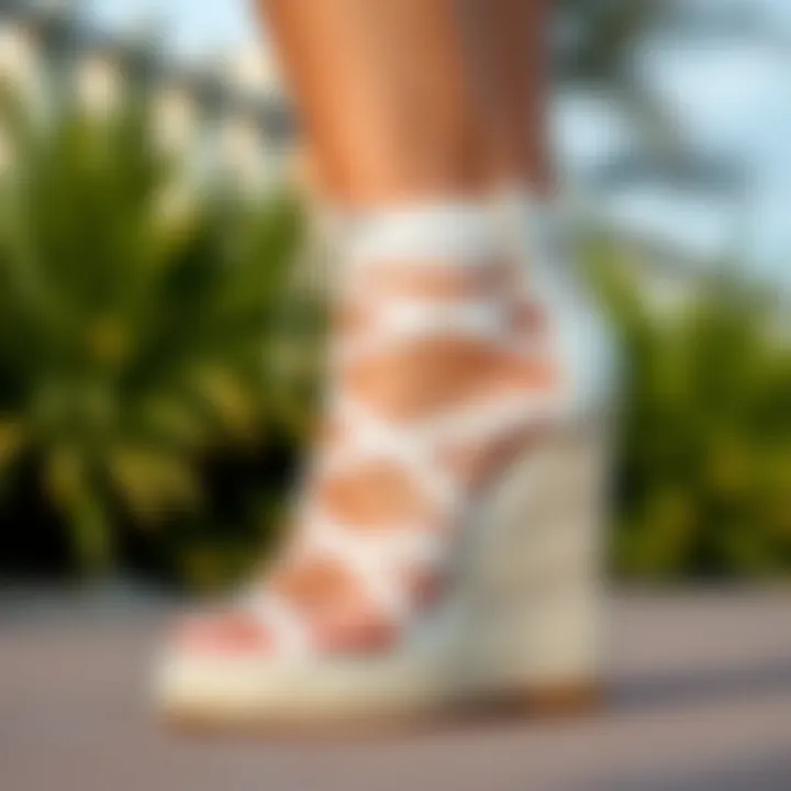 Close-up of a stylish white strappy wedge sandal design