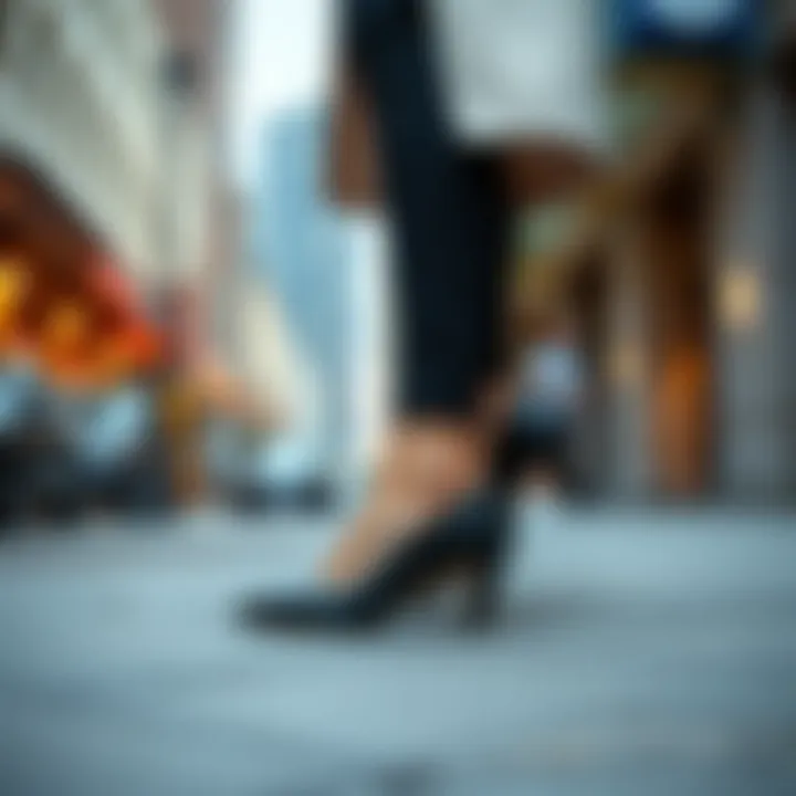 A stylish outfit featuring mid heel dress shoes in a chic urban setting