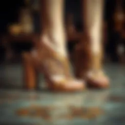 Elegant wooden high heel sandals with intricate carvings