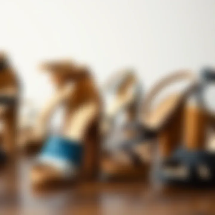 A variety of wooden high heel sandals in different styles and colors