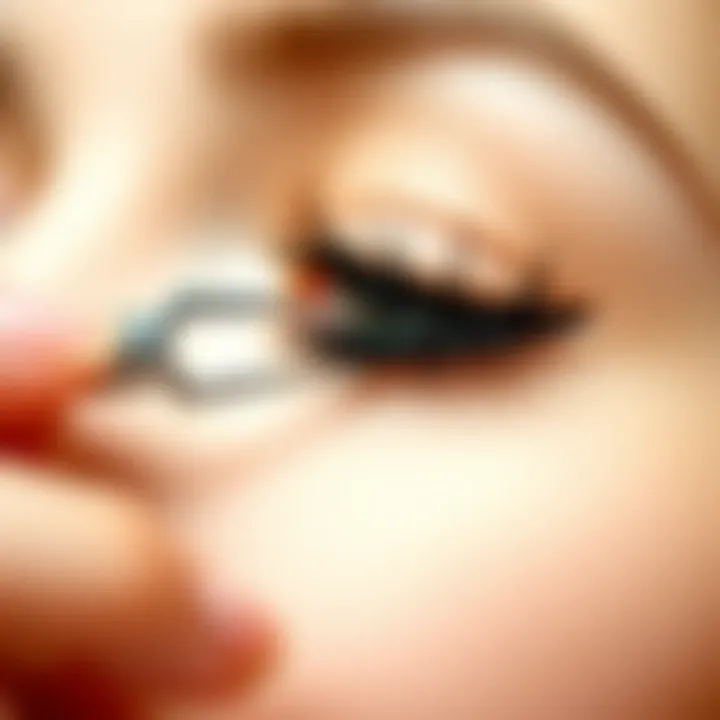 Close-up of the eyelash separator tool in application