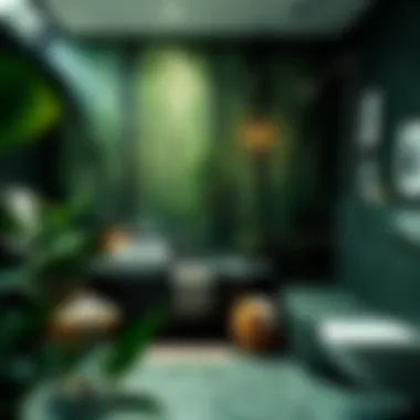 A serene bathroom with forest-themed decor featuring rich green hues and natural wood elements