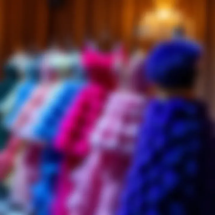 A collection of various furry prom dresses in vibrant colors and unique styles.