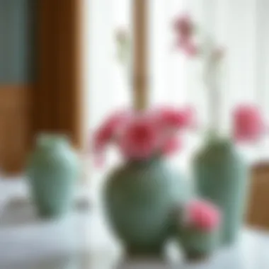Elegant jade vases adorned with fresh flowers.