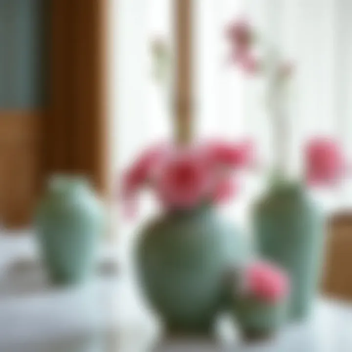 Elegant jade vases adorned with fresh flowers.