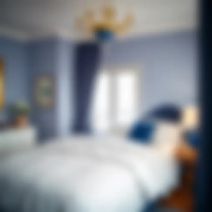 A tranquil bedroom with lapis lazuli decorative elements.