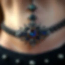 Intricate design of a goth belly ring adorned with dark gemstones