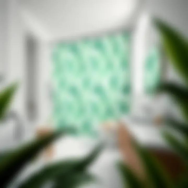 A bright and airy bathroom featuring a green geometric shower curtain