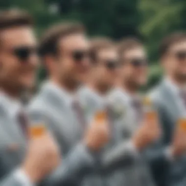 Group of groomsmen enjoying outdoor wedding festivities with sunglasses
