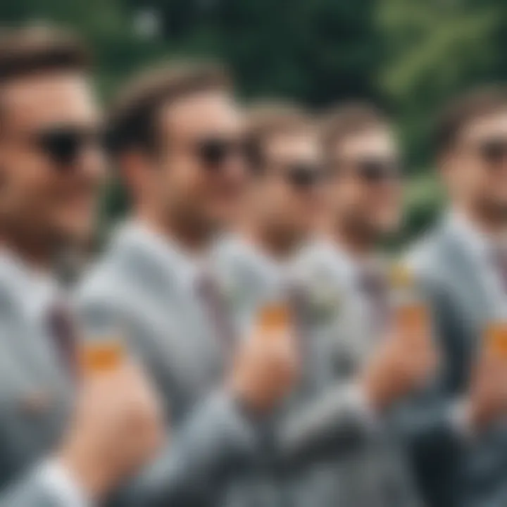 Group of groomsmen enjoying outdoor wedding festivities with sunglasses