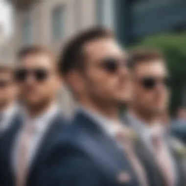 Stylish groomsmen wearing matching sunglasses during wedding