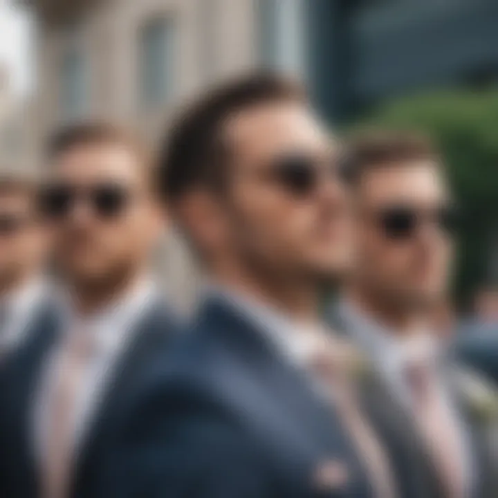 Stylish groomsmen wearing matching sunglasses during wedding
