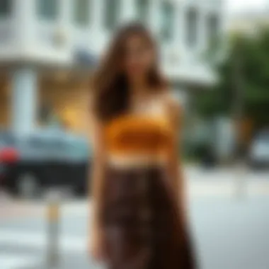 A fashionable high waisted skirt paired with a stylish crop top.