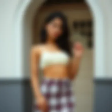 A cultural representation of the high waisted skirt and crop top set in modern fashion.