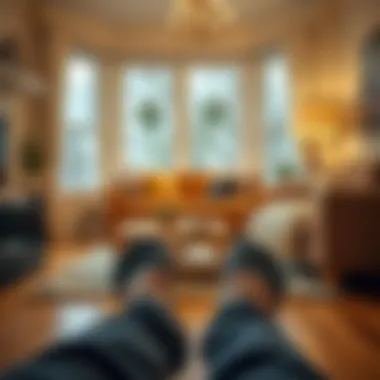 A cozy living room scene featuring someone wearing indoor socks shoes