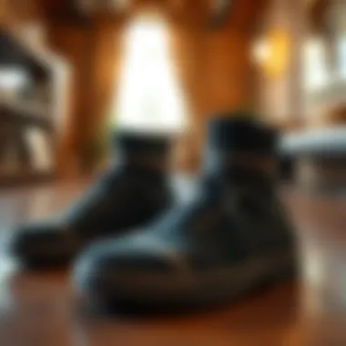 A stylish pair of indoor socks shoes displayed on a wooden floor