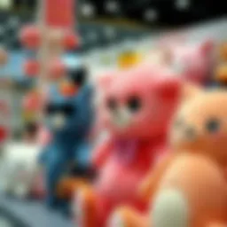 A vibrant display of kawaii giant plush toys in a fashionable setting