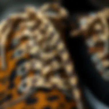 Close-up of leopard print shoelaces intertwined with classic style laces