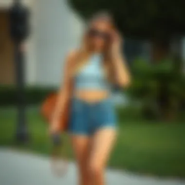 A modern take on low waisted denim shorts paired with trendy accessories.