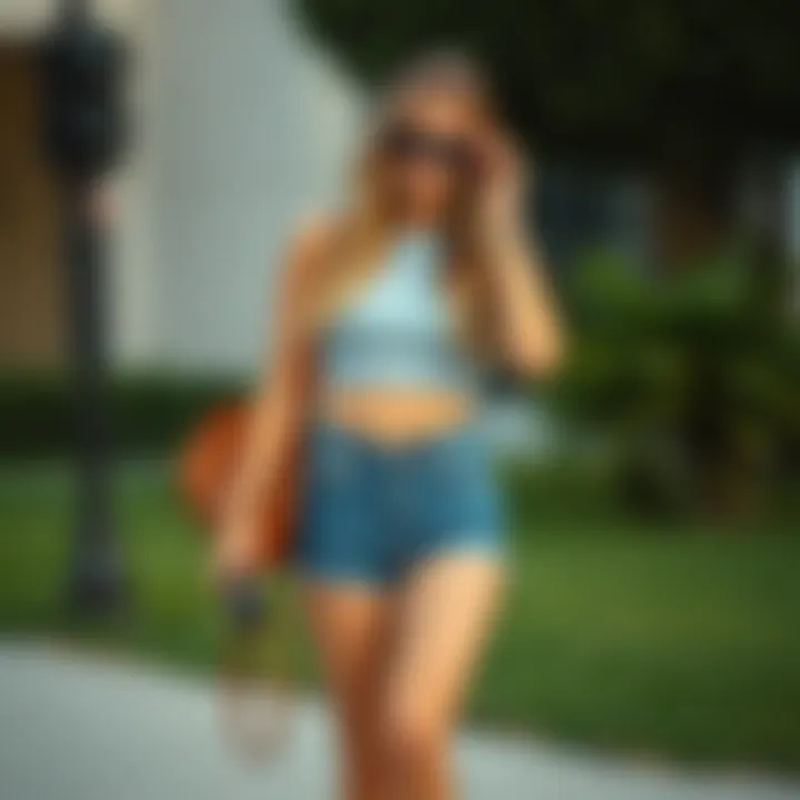 A modern take on low waisted denim shorts paired with trendy accessories.