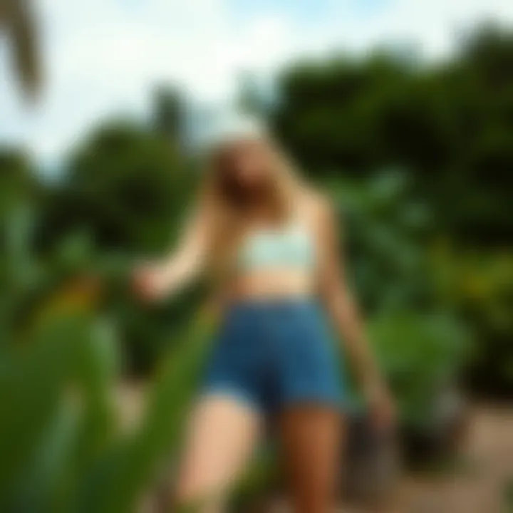 Sustainable fashion choices featuring low waisted denim shorts in eco-friendly settings.
