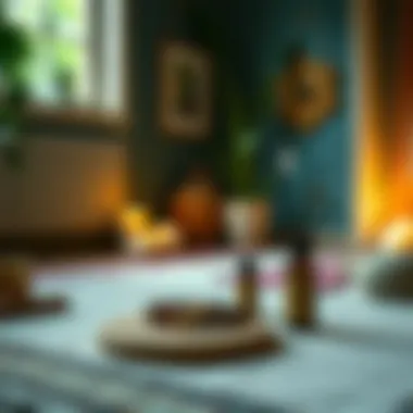 Meditative space featuring chakra bracelet and essential oils