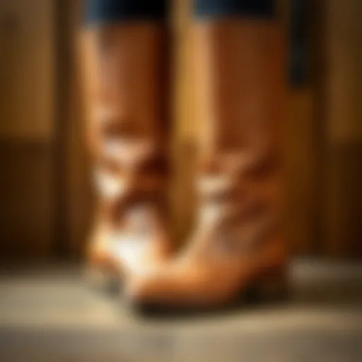 Elegant mid calf riding boots displayed on a wooden surface