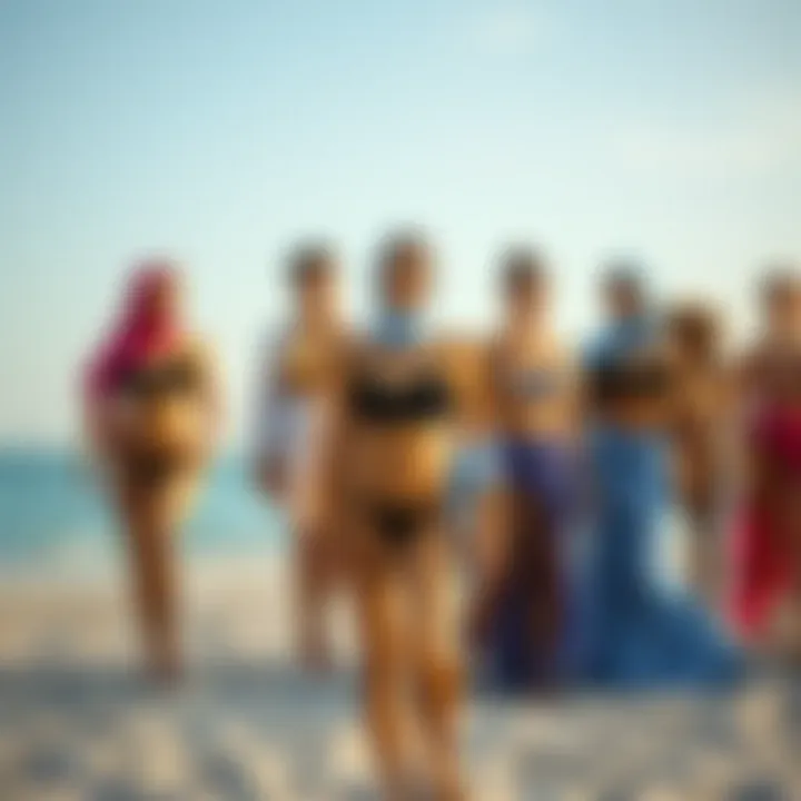 Stylish modest swimwear collection on a beach setting